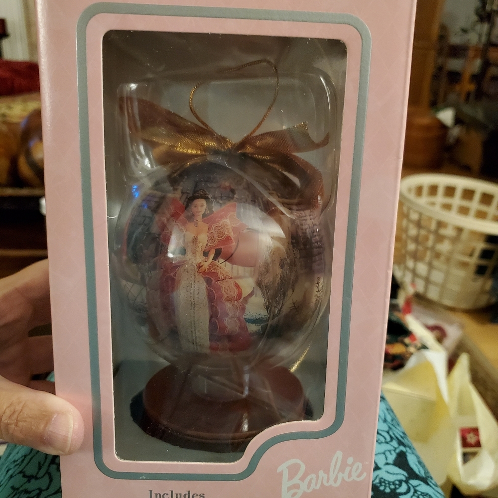 1997 Vintage Holiday Barbie Decoupage Ornament With Wooden Stand New In Box.